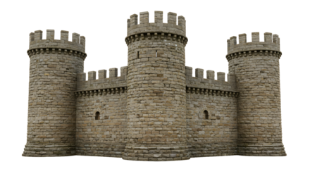 A formidable medieval stone castle with crenellated battlements and multiple turrets, evoking a sense of history and strength