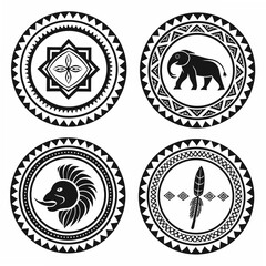 Tribal circular emblems with elephant lion feather and geometric designs badge border