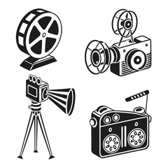 Vintage film reel camera and radio illustrations movie camera tripod