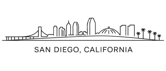 Fototapeta premium San Diego Line Art skyline silhouette. Landscape San Diego, California. Vector illustration. with white background