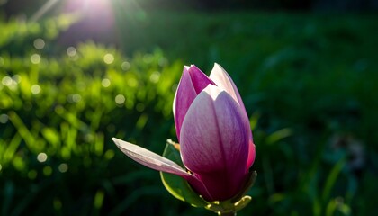 A delicate magnolia bud blossoms in sunlight