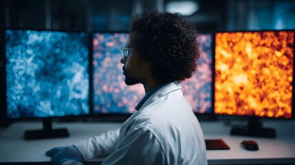 Scientist analyzing complex data visualizations on multiple computer screens in a modern laboratory
