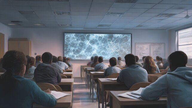 Students in a modern classroom watch a complex scientific visualization on a large projector screen during a lecture - Powered by Adobe