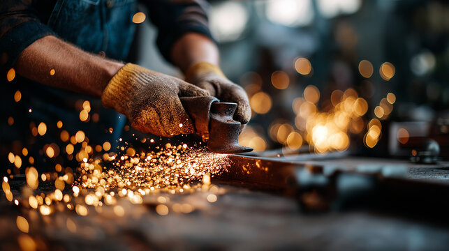 Worker&rsquo;s hands on abrasive regenerator levers as sparks and dust fill the air glowing surfaces catching light atmosphere emphasizing toughness endurance and industrial energy