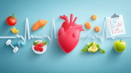 An informative infographic showcasing key elements of cardiac health, including healthy foods, exercise, and stress management, designed with engaging visuals to promote awareness and education about 