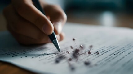 Close up of a hand writing on a research paper with scientific diagrams
