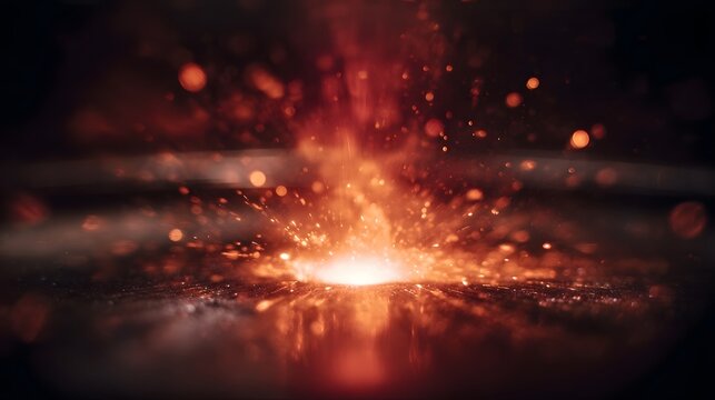 Intense burst of glowing orange sparks and particles scattering from a bright impact point