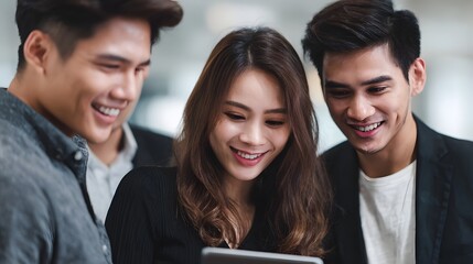 Three diverse young professionals smiling while collaborating over a tablet device in a modern business setting