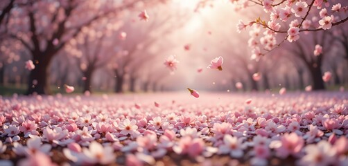 Soft pink cherry blossom petals cascading gently on a sunlit tranquil spring landscape with