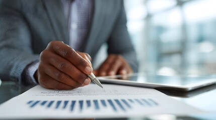 Businessman analyzing financial data with a pen and digital tablet in an office setting