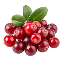 Obraz premium Fresh red cranberries with green leaves isolated on transparent background