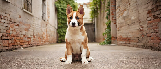 A beautiful basenji puppy sitting attentively in a narrow urban alley between old brick walls
