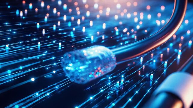 Transparent network cable transferring data with bokeh effect