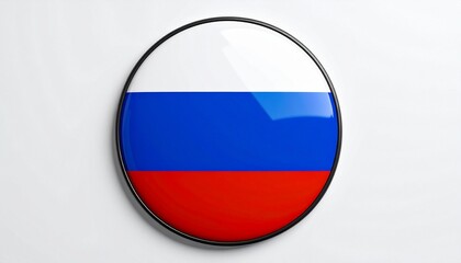 Circular badge featuring the Russian flag with horizontal white, blue, and red stripes, framed by a metallic rim