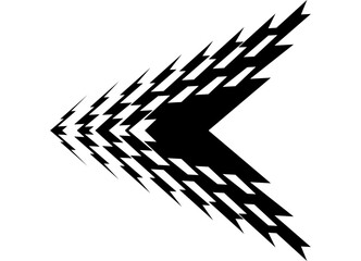 Vector sharp dynamic arrow, black on white background. Striped Design element from broken lines. Pointer, direction. Sports vector background.
