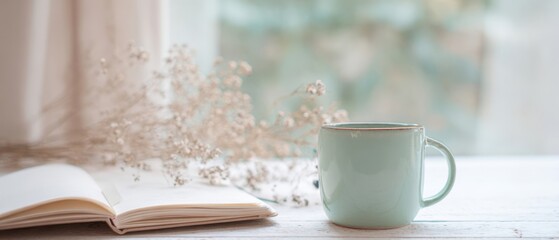 The serene mug and open book on a cozy table setting.
