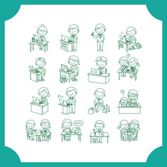 Collection of Cute Doodle Illustrations of People Working and Interacting in an Office Setting.