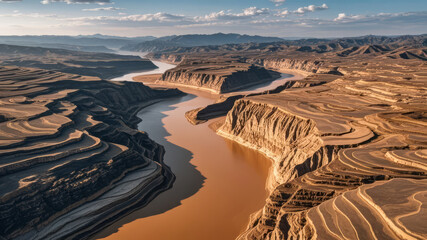 Aerial View of the Nine Bends and Eighteen Turns of the Yellow River Canyon, Natural Scenery Background