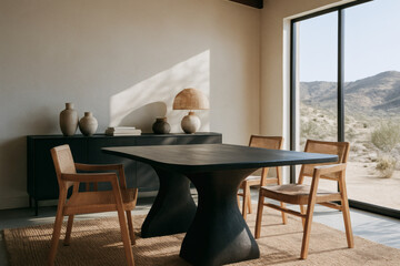Desert view dining room with black wooden table, woven chairs, and natural pottery decor