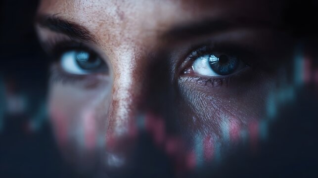 Close up of human eyes reflecting financial market data on a dark background