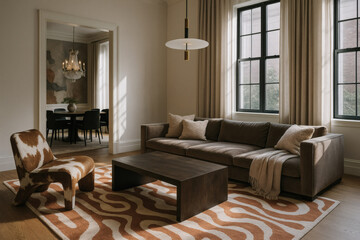 Elegant living room with taupe sofa, patterned rug, and modern cowhide accent chair