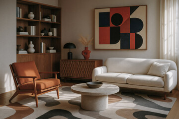Mid-century modern living room with white sofa, rust armchair, abstract rug, and wooden shelves