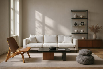 wall mockup Minimalist modern living room with white sofa, black coffee table, and wooden accent chair