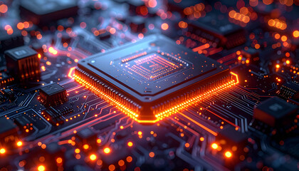Illuminated Microchip: A detailed, high-tech image showcasing a powerful microchip at the heart of a complex circuit board, bathed in an orange, futuristic glow.