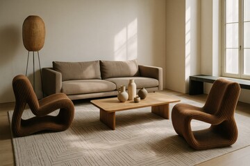 Modern neutral living room with taupe sofa, sculptural chairs, and wooden coffee table