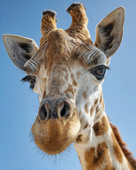 Curious Giraffe Closeup Against Clear Blue Sky