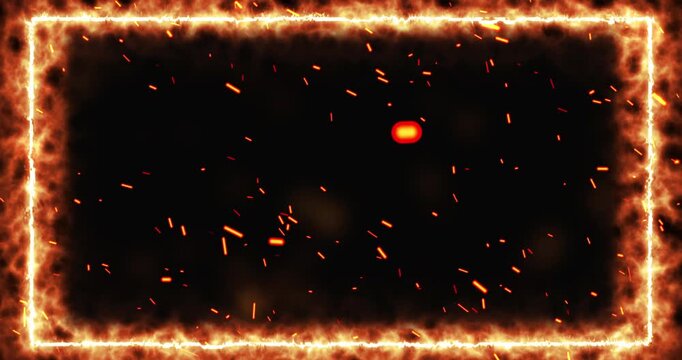 Burning rectable background with realistic surreal fire ember rising up, 4K clip. Glowing fire frame with sparks bursting out rectangular border, suitable for hot transitions, fx overlays. Rect flames