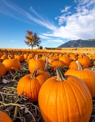 Pumpkin Patch Farm Scene &mdash; rows of pumpkins, clear sky, harvest vibe Ai