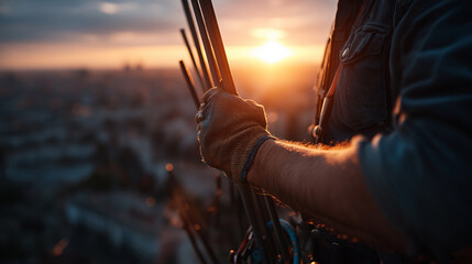Hands of a rooftop worker gripping a tall antenna mast golden sunset light shining across polished metal city skyline softly blurred in the distance details of tools and gloves