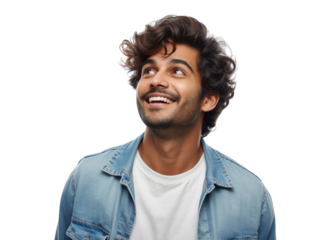 Smiling young man looking upward with a joyful expression against a transparent expanse