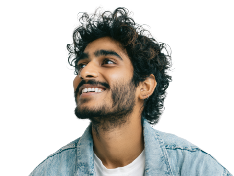 Young man with curly hair and denim jacket gazing upward with a joyful expression on an isolated - Powered by Adobe