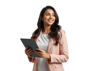 Fototapeta premium Confident businesswoman smiles while holding a tablet against a transparent scene