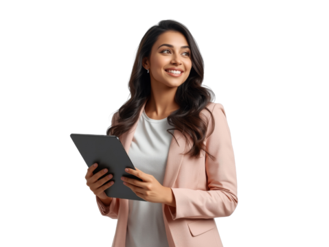 Confident businesswoman smiles while holding a tablet against a transparent scene - Powered by Adobe