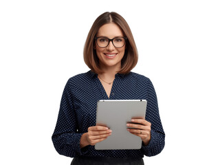 Confident professional woman smiling while holding a digital tablet on transparent setting
