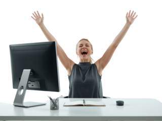 Triumphant businesswoman celebrating accomplishment near computer with isolated screen background