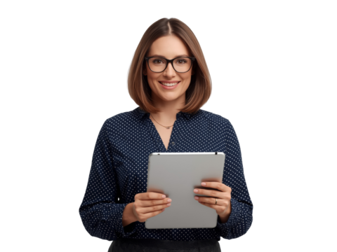 Confident professional woman smiling while holding a digital tablet on transparent setting