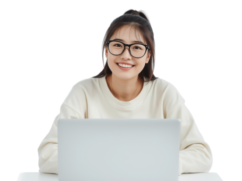 Enthusiastic young woman with eyeglasses working on a laptop, isolated and transparent for