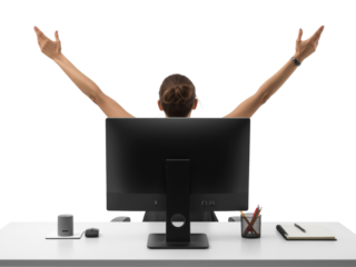 Excited professional with arms raised in celebration at work on transparent screen