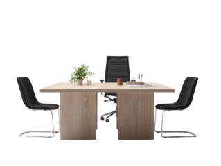 Office furniture arrangement showcasing a minimalist design on a transparent setting