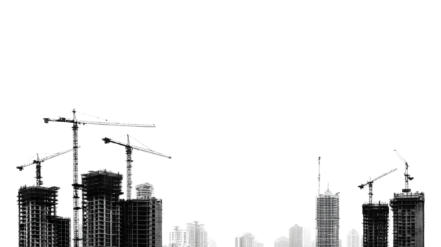 Urban development contrasted silhouette, construction cranes against a serene translucent backdrop