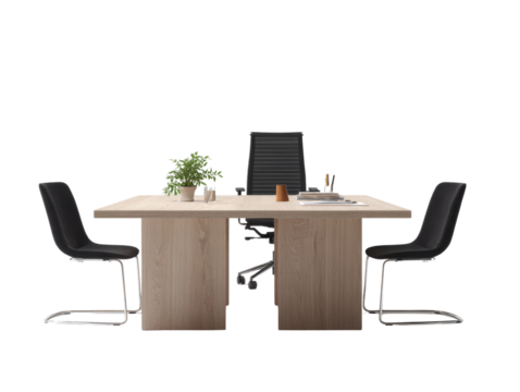 Office furniture arrangement showcasing a minimalist design on a transparent setting