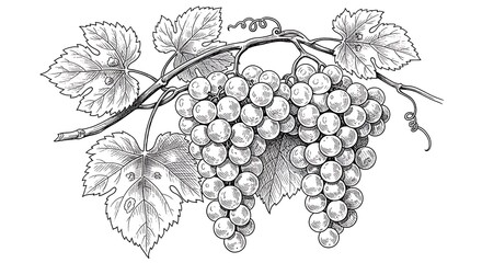 Green Grapes Vine with Black  White Illustration.