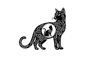 Stylized Black and White Vector SVG Illustration of a Cat with Swirling Patterns in Modern Line Art Style