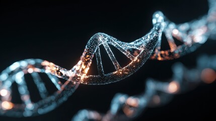 glowing dna strand particles dark background
