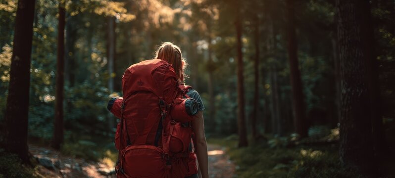 The adventurous traveler with a red backpack explores a tranquil forest path.