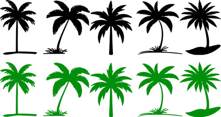 palm tree, silhouette, tropical, island, beach, nature, summer, vacation, travel, green, black, isolated, collection, variety, sway, fronds, trunk, growth, vegetation, flora, landscape, scenic, exotic
